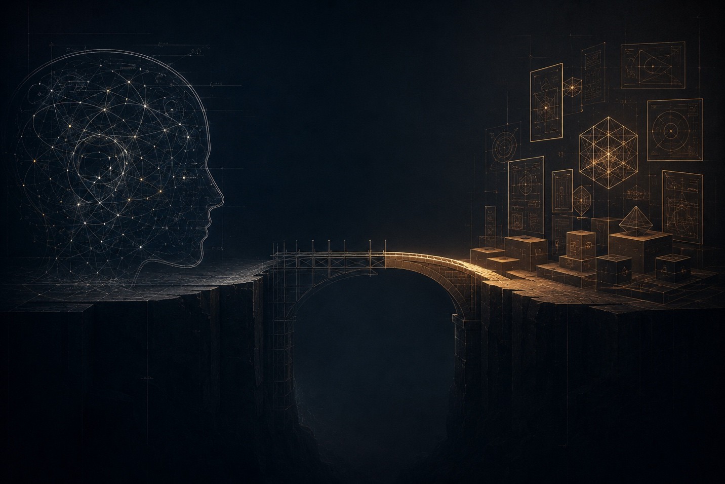 Architectural visualization showing internal expertise on one side of a gap and structured market-recognizable frameworks on the other connected by a bridge under construction.