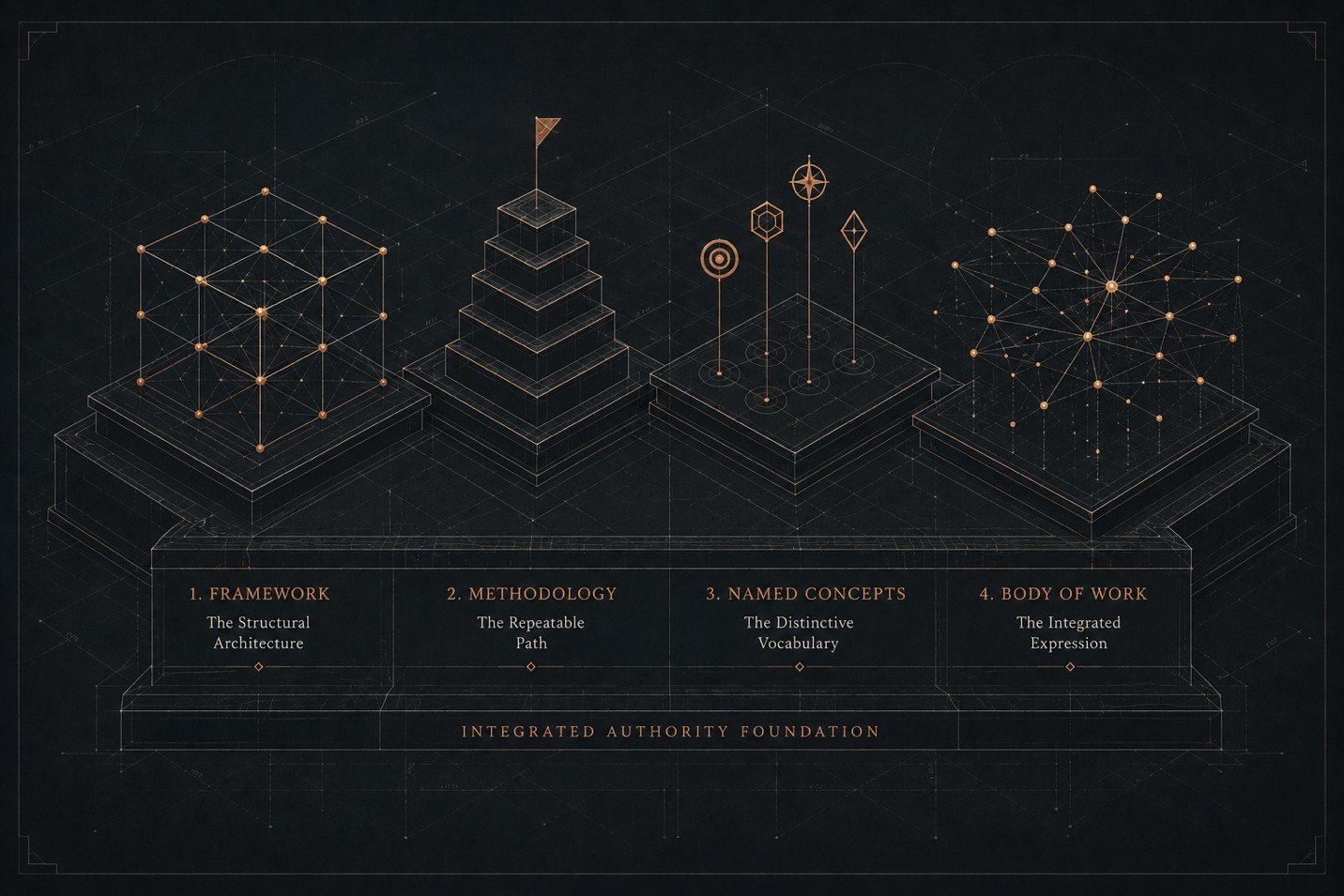 Architectural blueprint showing four interconnected pillars representing framework, methodology, named concepts, and body of work as a unified authority foundation.