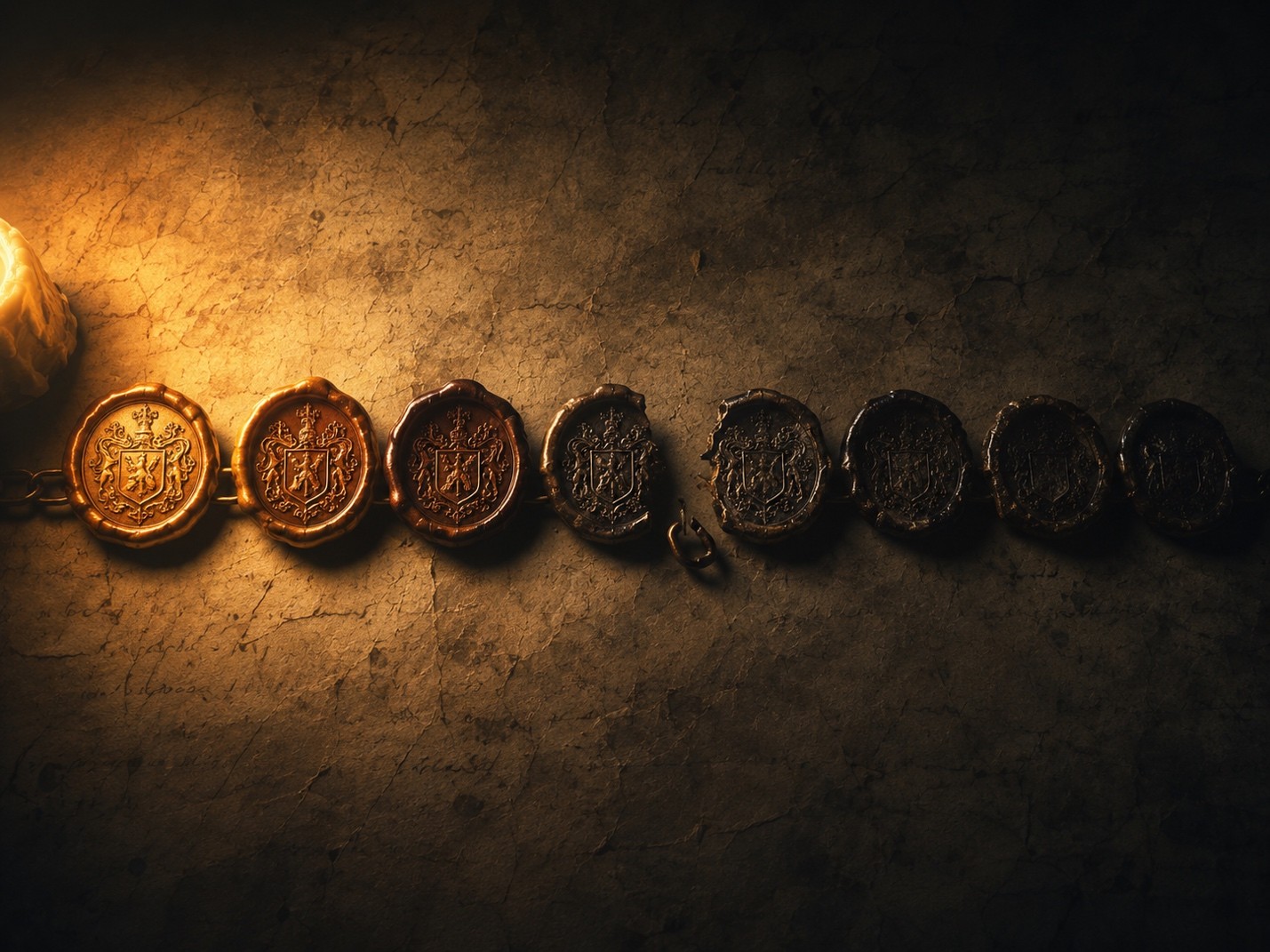 Seven wax seals arranged in sequence, gradually becoming more distorted from left to right, with a broken chain link separating the progression.