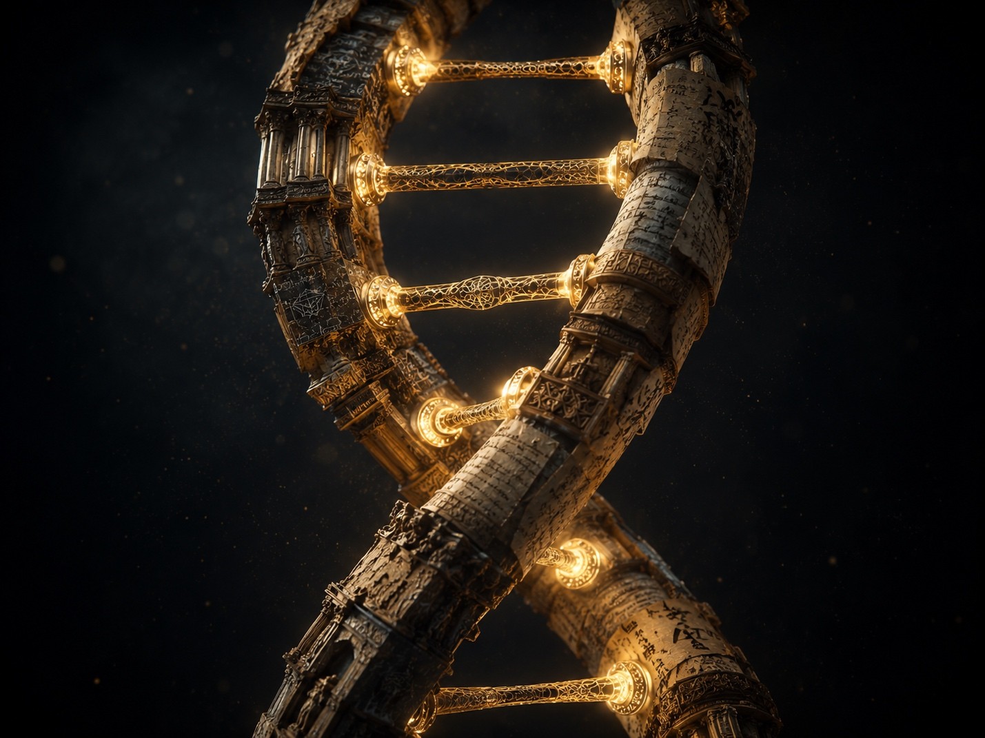 Double helix formed from manuscripts, stone architecture, mathematical symbols, and cultural artifacts connected by glowing golden links.
