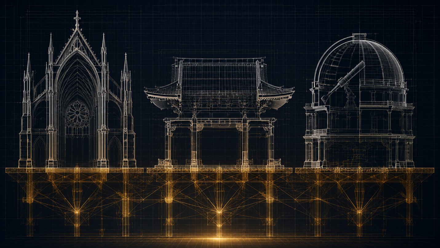 Architectural blueprint showing a Gothic cathedral, Japanese dojo gateway, and observatory dome sharing the same illuminated structural foundation.