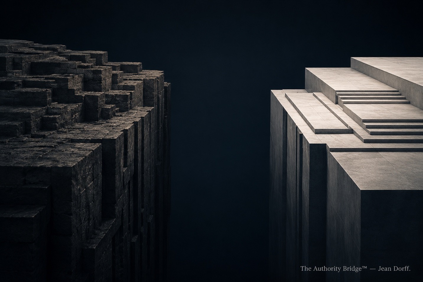 Conceptual architectural landscape showing two opposing platforms separated by a dark gap, representing the distance between expertise and recognition.