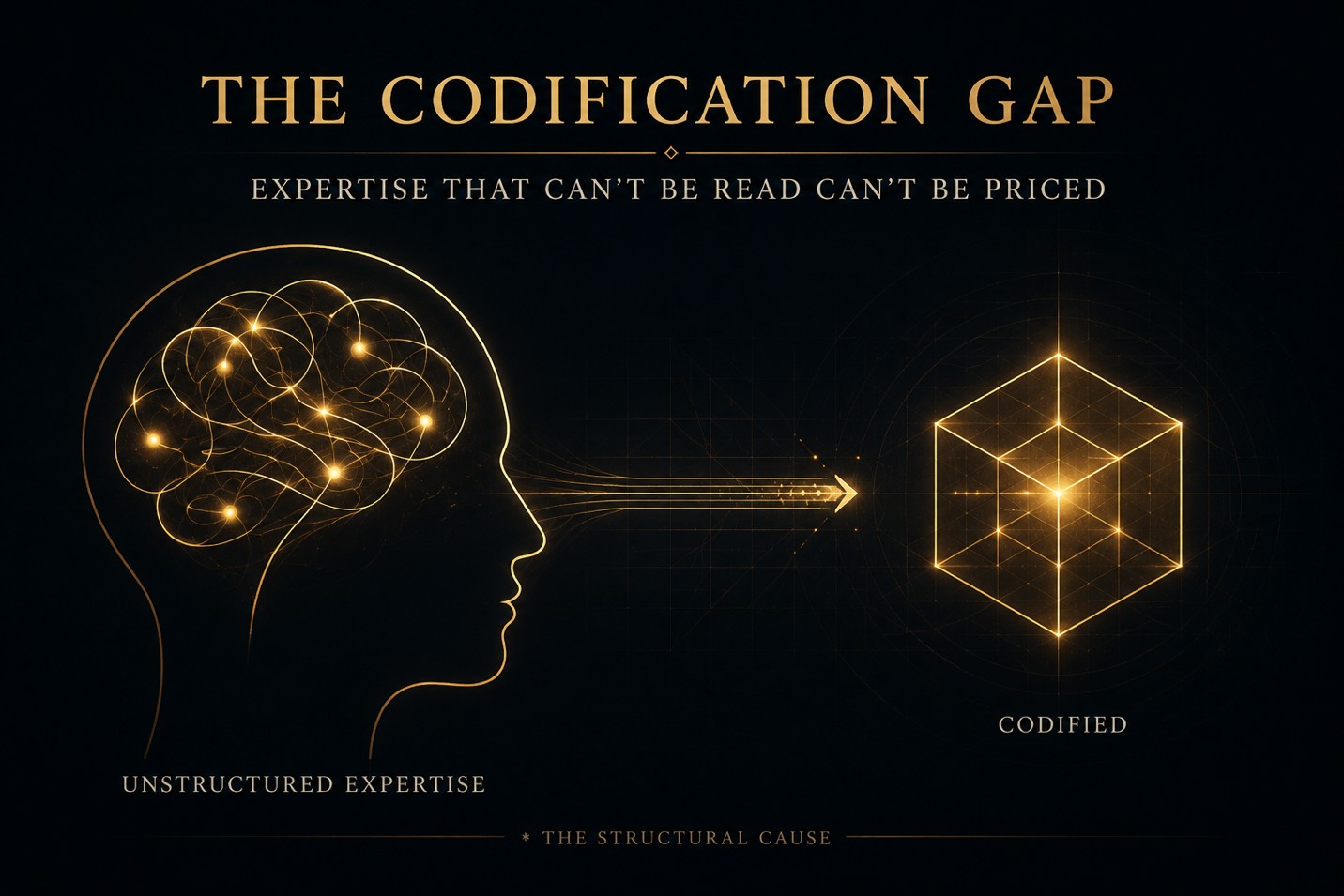 Conceptual diagram showing complex internal expertise within a human mind transforming into a structured codified framework represented by a geometric cube.
