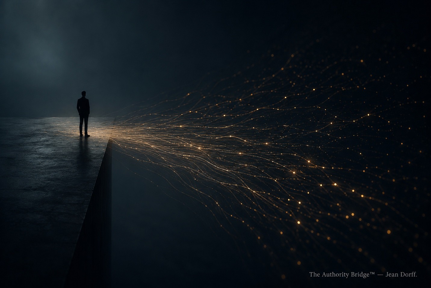 Professional silhouette standing at the edge of a dark space while streams of value drift away unnoticed, symbolizing lost opportunities caused by invisible expertise.